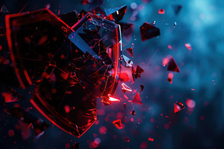 A hacker breaches a digital shield, scattering fragments that symbolize a security compromise in a virtual setting.の素材