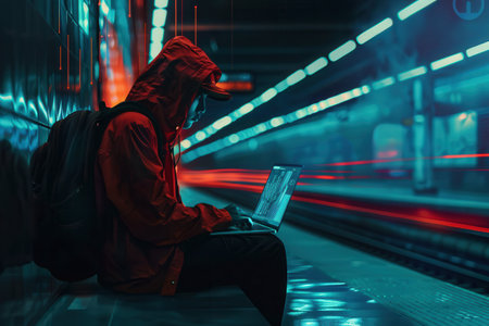 A person works intently on a laptop in a metro station, illustrating the security risks of using public Wi-Fi networks in crowded places.の素材