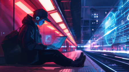 A person sits on a metro platform, focused on their laptop while surrounded by vibrant city lights, illustrating the dangers of unsecured public Wi-Fi.の素材