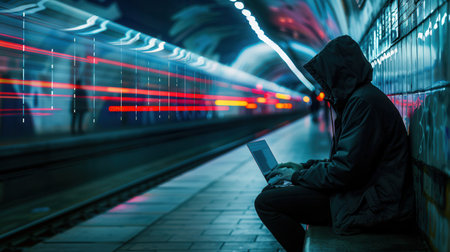 A person is working on a laptop in a dimly lit metro station, illustrating the dangers of connecting to public Wi-Fi networks.の素材