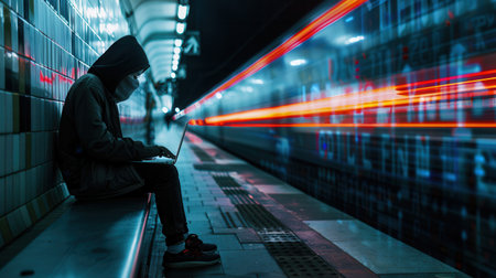 A person sits in a metro station working on a laptop, emphasizing the dangers of using public Wi-Fi networks for sensitive tasks.の素材