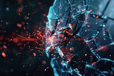 A hacker breaches a digital shield, causing fragments to scatter amidst a colorful cyber backdrop, highlighting security vulnerabilities.の素材