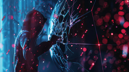 A hacker breaks through a digital shield, scattering fragments around in a display of cyber threats and vulnerabilities.の素材