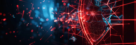 A hacker penetrates a digital shield, causing fragments to scatter in a visually dynamic representation of a cybersecurity breach.の素材