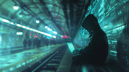 A person in a hoodie is focused on their laptop, using public Wi-Fi at a crowded metro station, illustrating the dangers of unsecured networks.の素材