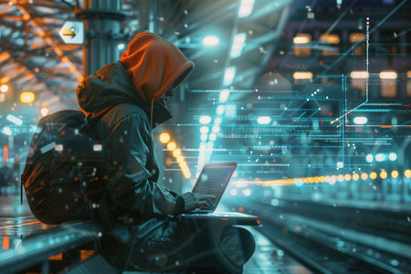 A hacker sitting in a metro station uses a laptop, showing the potential dangers of unsecured public Wi-Fi networks.の素材