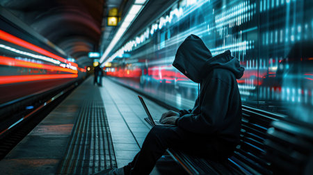 A person in a hoodie works intently on a laptop in a bustling metro station, highlighting security threats of using public Wi-Fi networks.の素材