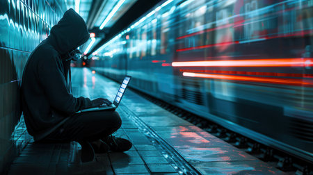 A person with a hood works on a laptop in a crowded metro station, emphasizing the dangers of using public Wi-Fi for sensitive activities.の素材