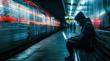 A person in a hoodie works intently on a laptop at a metro station, highlighting the dangers associated with public Wi-Fi connections.の素材