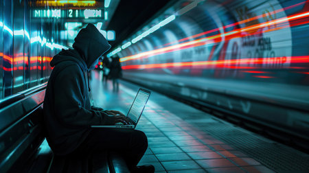 A hacker types intently on a laptop in a crowded metro station, illustrating the dangers of unsecured public Wi-Fi networks while commuting.の素材