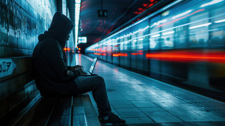 A hacker works intently on a laptop while seated on a bench in a bustling metro station, illuminated by moving trains and urban lights.の素材