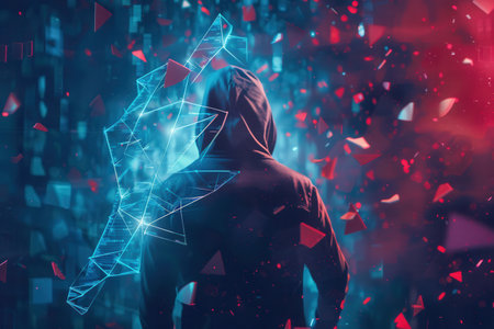 A hacker penetrates a digital security shield, causing fragments to scatter in a captivating display of cybersecurity challenges.の素材