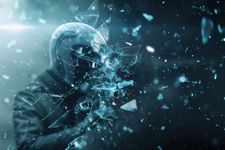 A hacker penetrates a digital shield, causing fragments to scatter in a dramatic display of cybersecurity challenges.の素材