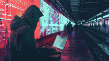 A hacker types intently on a laptop in a crowded metro station, highlighting vulnerabilities of using public Wi-Fi networks for sensitive activities.の素材