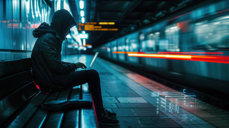 A person is focused on their laptop in a metro station, highlighting the dangers of using public Wi-Fi networks for sensitive activities.の素材