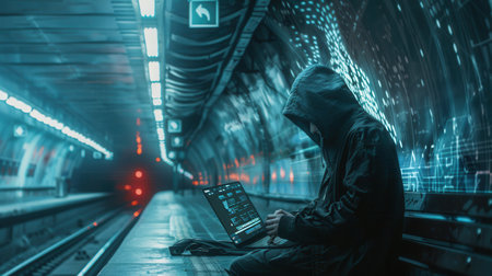 A person in a hooded jacket works on a laptop sitting in a dimly lit metro station, emphasizing the risks associated with public Wi-Fi.の素材