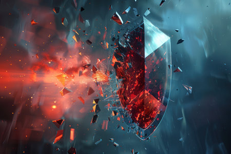 A hacker breaks through a digital shield, causing fragments to scatter amid the chaos of a cybersecurity attack.の素材