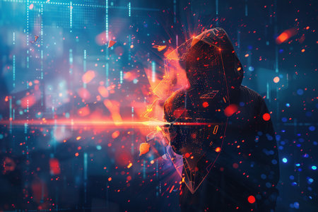 A hacker breaks through a digital shield, causing fragments to scatter in a vibrant virtual environment at night.の素材