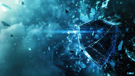 A hacker compromises a digital shield, causing fragments to scatter around, symbolizing a security breach in a cybersecurity context.の素材