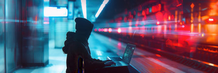 A person types on a laptop in a busy metro station, emphasizing the vulnerabilities of using public Wi-Fi networks.の素材