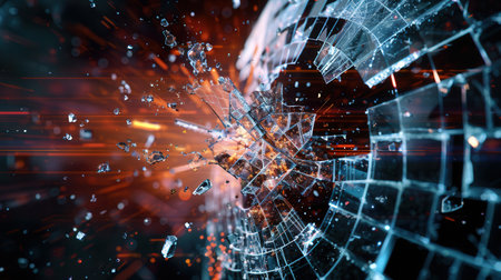 A hacker penetrates a digital shield, causing pieces to scatter, symbolizing a critical security breach in the world of cybersecurity.の素材