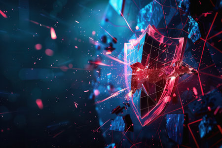 A hacker disrupts a digital shield, causing fragments to scatter in a dynamic representation of cybersecurity and threat penetration.の素材