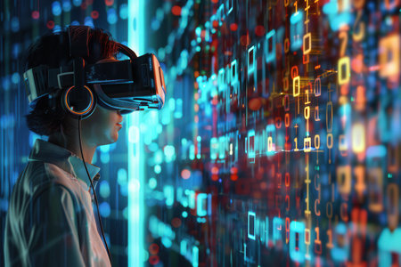 A hacker navigates through a vibrant virtual environment surrounded by digital locks and streams of code using a VR headset.の素材