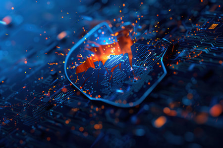 A hacker breaks through a digital shield, causing fragments to scatter in a vibrant cybersecurity landscape.の素材