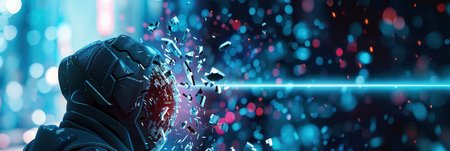 A hacker breaches a digital firewall, scattering fragments around while navigating through virtual space in a high-tech environment.の素材