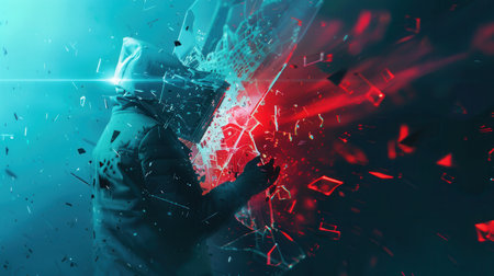 A hacker breaks through a digital shield, causing fragments to scatter in the air, representing a significant cybersecurity threat.の素材