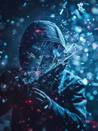 A hacker disrupts a digital shield, causing fragments to scatter in a striking display of cybersecurity threats and challenges in the digital realm.の素材