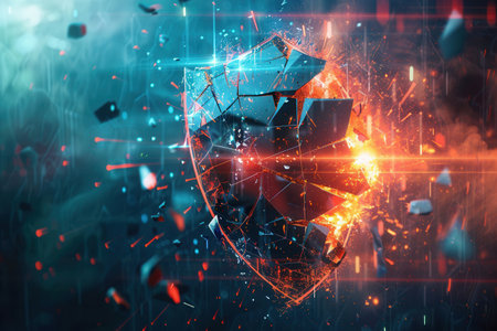 A hacker is penetrating a digital shield, causing fragments to scatter, illustrating a critical moment in cybersecurity and security breaches.の素材