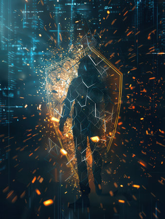 A hacker disrupts a digital shield, scattering fragments while penetrating security defenses in a high-tech cyber landscape.の素材