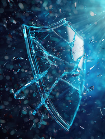 A hacker breaches a digital shield, with fragments flying around in a high-tech cybersecurity landscape representing a security threat.の素材