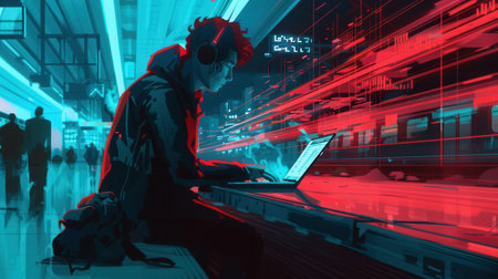 A person works intently on a laptop in a crowded metro station, emphasizing the security risks associated with public Wi-Fi networks.の素材