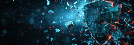 A hacker breaks through a digital shield, creating a burst of fragments in a cybersecurity breach scenario, emphasizing vulnerability and protection.の素材