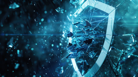 A hacker shatters a digital shield, sending fragments into the virtual space, symbolizing a successful breach in cybersecurity.の素材