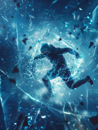 A hacker disrupts a digital shield, scattering fragments around a vibrant cybernetic background that symbolizes cybersecurity threats.の素材