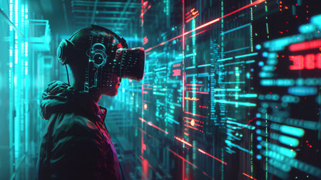 A hacker navigates a vibrant virtual environment filled with digital locks and complex codes while wearing a VR headset.の素材