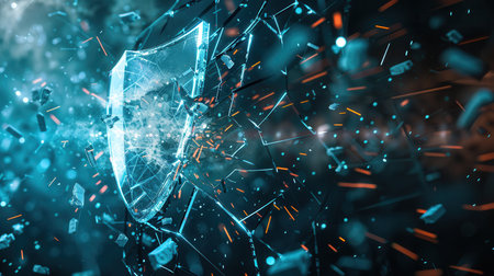 A hacker breaches a digital shield, causing fragments to scatter in a burst of activity within a cybersecurity environment.の素材