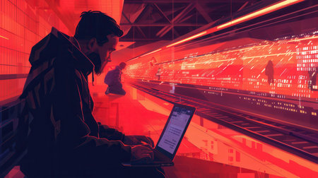 A hacker is focused on his laptop in a bustling metro station, highlighting the dangers of using public Wi-Fi networks.の素材