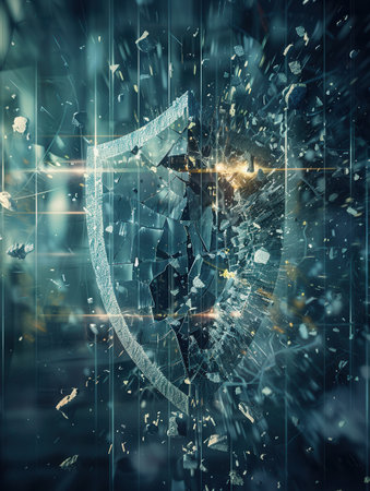 A hacker is breaking through a digital shield, causing fragments to scatter, depicting a cybersecurity attack in a modern environment.の素材