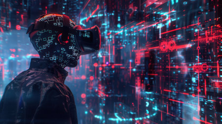 A hacker navigates through a vibrant virtual reality filled with digital locks and codes, fully immersed in the cyber world.の素材