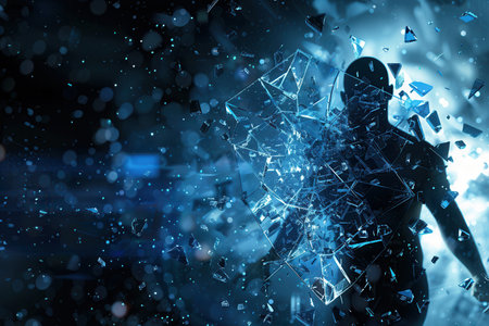 A hacker breaches a digital shield, causing fragments to scatter in a dark, high-tech setting, highlighting the threat of cyber attacks.の素材