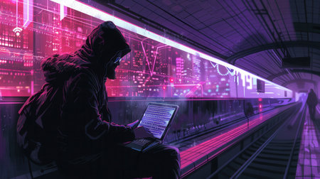 A hacker sits in a metro station, focused on their laptop, illustrating the vulnerabilities of accessing sensitive data over public Wi-Fi networks.の素材