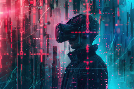 A hacker navigates a virtual space filled with glowing digital locks and codes, immersed in a high-tech experience with a VR headset.の素材