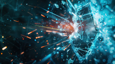 A hacker disrupts a digital shield, causing fragments to scatter around, representing a dynamic act of penetrating security measures and cyber defense.の素材