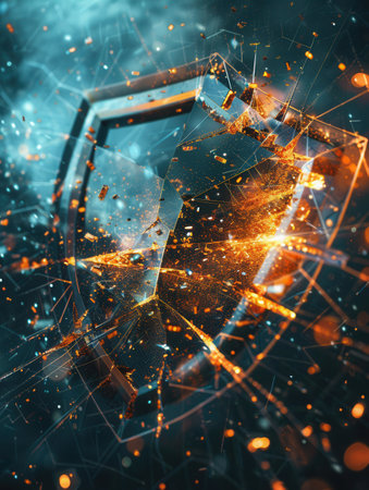 A hacker disrupts a digital shield, causing fragments to scatter, representing a significant cybersecurity breach.の素材