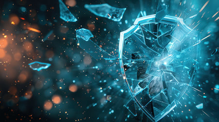 A hacker disrupts a digital shield, causing fragments to scatter, illustrating the threat to cybersecurity and the need for enhanced protection measures.の素材