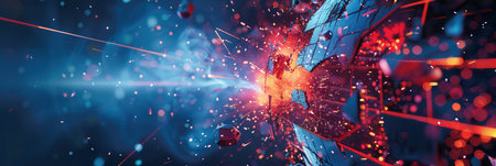 A hacker disrupts a digital shield, with colorful fragments scattering around, illustrating a cybersecurity breach and the battle against cyber threats.の素材